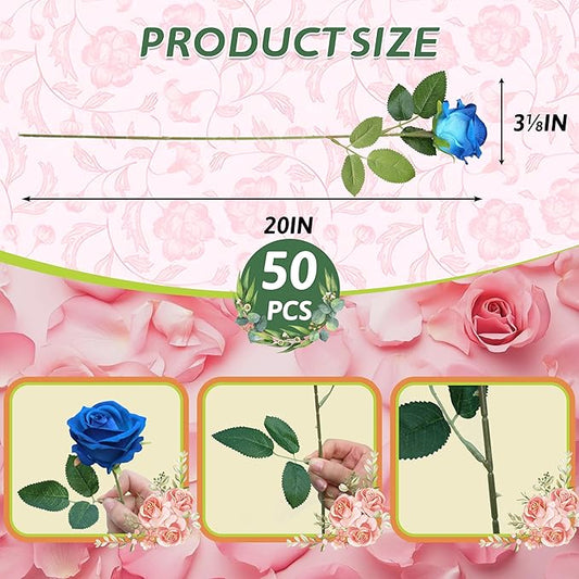 50 PCS Fake Blue Roses, Artificial Blue Flowers Realistic Silk Faux Rose with Stems for Wedding Decorations Romantic Gifts Anniversary Celebration Bridal Bouquets DIY Floral Arrangement Home Decor