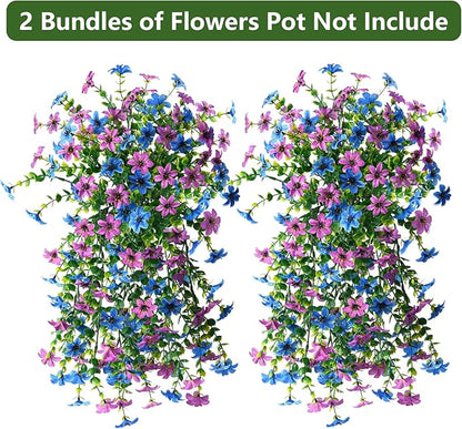 Artificial Fake Hanging Flowers Plants for Outdoor Spring Decoration, 2 PCS Faux Silk Daisy Flower UV Resistant Look Real for Outside Patio Porch Garden Balcony Yard Home Summer Decor(Perple Blue)