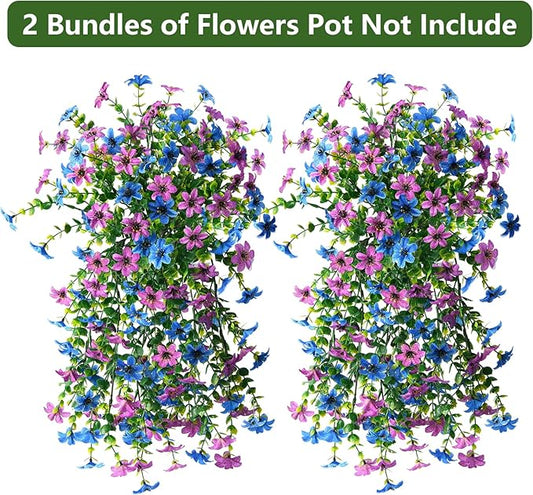 Artificial Fake Hanging Flowers Plants for Outdoor Spring Decoration, 2 PCS Faux Silk Daisy Flower UV Resistant Look Real for Outside Patio Porch Garden Balcony Yard Home Summer Decor(Perple Blue)