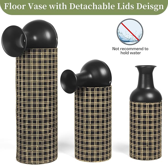 Tall Floor Vase Set of 3, Large Black Metal Vases with Minimalist Gold Lines & Detachable Vase Mouth, Big Modern Decorative Vases for Living Room,Hallway,Dining Room,Office,Kitchen.