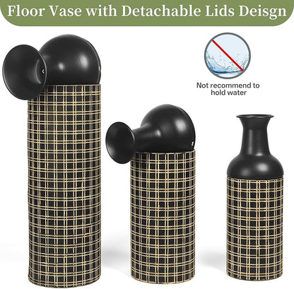 Tall Floor Vase Set of 3, Large Black Metal Vases with Minimalist Gold Lines & Detachable Vase Mouth, Big Modern Decorative Vases for Living Room,Hallway,Dining Room,Office,Kitchen.