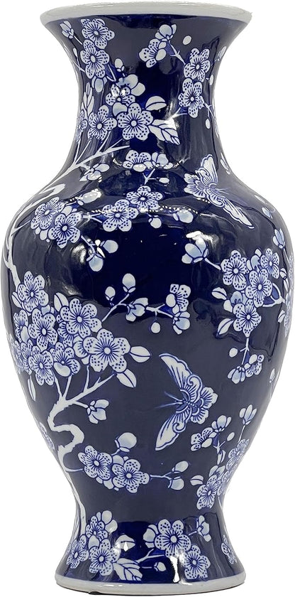 Galt International 14” Hand Painted Chinoiserie Ceramic Vase – Antique Style Porcelain Flower Bottle by Galt International, Fishtail Chinese Vase for Home Decor & Centerpiece - Dark Blue Floral