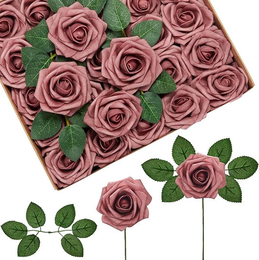 InnoGear Artificial Flowers, 50 Pcs Dusty Pink Foam Fake Roses Bulk with Stems for Decoration DIY Wedding Bouquets Centerpieces Bridal Shower Party Christmas Tree