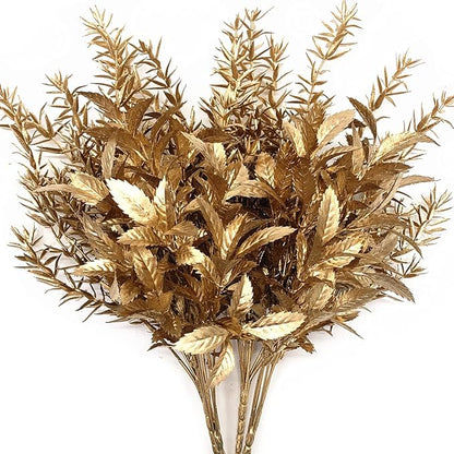 CATTREE Artificial Gold Plants for Christmas, Golden Leaves Plant Plastic Faux Shrubs Fake Simulation Spiky Grass Bushes for Indoor Outdoor Wedding Decoration Hall Table Planter Filler 4 Pack