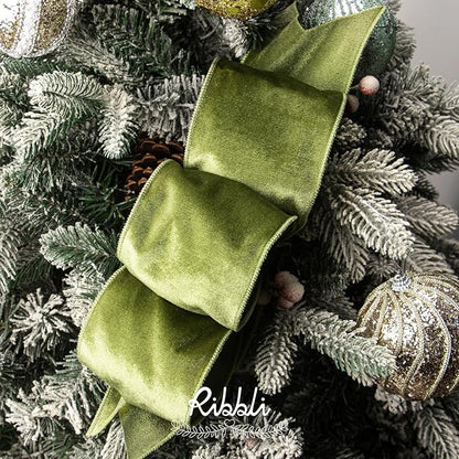 Ribbli Olive Green Velvet Wired Ribbon 4 Inch Velvet with Satin Christmas Ribbon for Gift Wrapping Christmas Tree Decoration Crafts Wreaths Supplies-Continuous 10 Yards