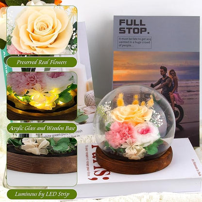 Yellow Rose Gifts for Womens Mothers Day Gifts for Mom Wife Girlfriend Mom - Preserved Real Rose in Glass Dome with LED Strip, Forever Flowers for Delivery on Birthday Anniversary