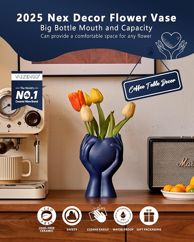 8" Heart Hand Navy Blue Ceramic Vase - Unique Modern Aesthetic Flowers Vase for Living Room Bedroom Office Kitchen Table Centerpiece or Shelf Decor-Gifts for Wedding Bridal Shower Women Mom (Blue)