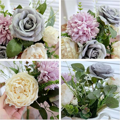 2Pcs Artificial Flower Bouquets Decoration, Faux Floral Arrangement Table Centerpiece Home Farmhouse Indoor Decor, Wedding Bride Bouquet, Mixed Fake Flower Picks for Vase/Pot (Blue/Purple/Cream/Green)