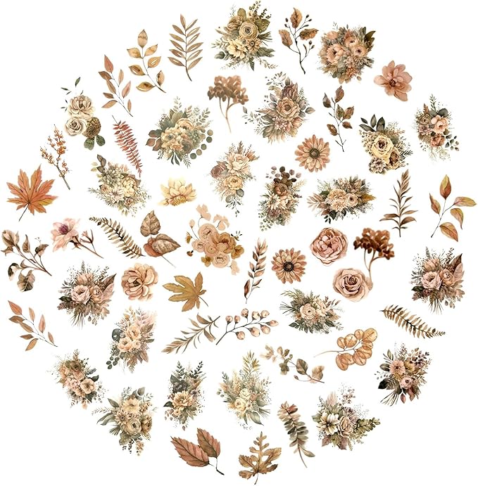 100 Pcs Autumn Flower Stickers for Scrapbooking Junk Journal Card Making CollageNotebook Diary Planner Letter Envelope Water Bottle Phone Case Craft Decoration (Autumn)