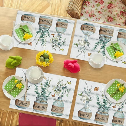 Eucalyptus Placemats Set of 6 Farmhouse Green Botanical Table Mats Washable Place mats for Home Party Indoor Kitchen Dining Table Decoration 12x18 Inch