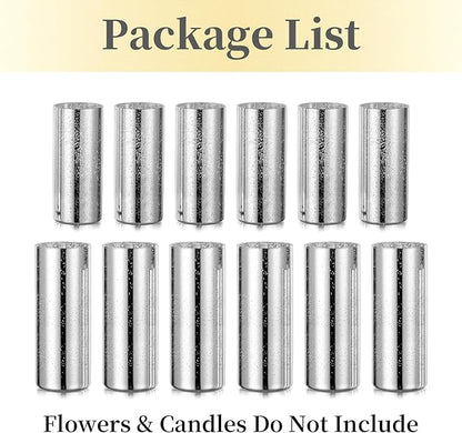 Glass Cylinder Vases Set of 12, Hewory Glittery Silver Vase for Centerpieces, Glass Hurricane Candle Holders for Pillar Floating Candle, Round Tall Vase for Wedding Anniversary Events Home Table Decor