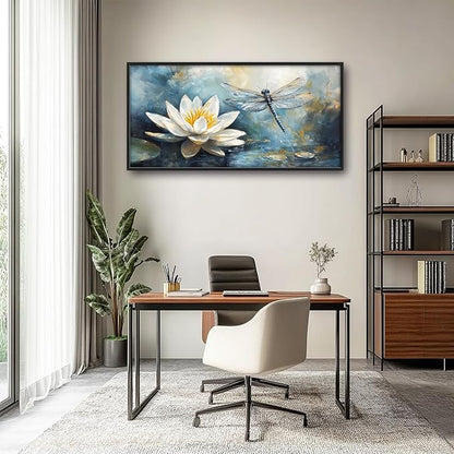 Extra Large Lotus Dragonfly Framed Wall Art for Living Room,Abstract Blue Lotus Flower Lake Pictures Wall Decor,Nature Canvas Print Painting Modern Artwork Bedroom Office Bathroom 60L x 30W