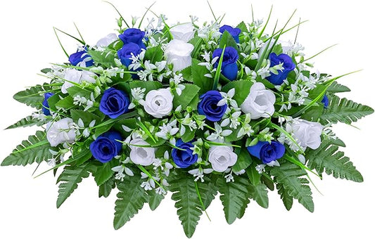 Artificial Cemetery Flowers Saddle-Shaped Tombstone Decorations Non-Fading UV-Resistant（Blue+White Saddle ）