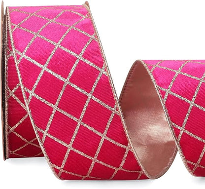 Ribbli Hot Pink Velvet Ribbon Wired with Glitter Diamond Grid 2-1/2 Inch Christmas Ribbon for Christmas Tree Decoration Big Bow Gift Wrapping Crafts Wreaths Garland Supplies - 10 Yards