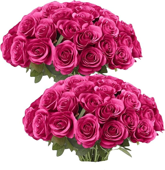50pcs Roses Artificial Flowers Real Touch Fake Flowers with Long Stems Silk Flowers for Wedding Bouquet Centerpices Decorations Party Bridal Baby Shower Home Decor (Hot Pink)