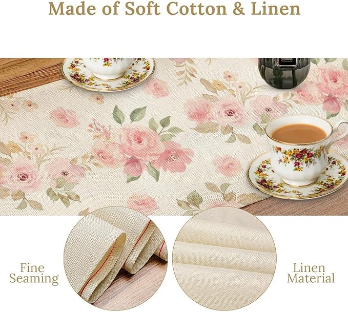 Vintage Rose Table Runner, Watercolor Romantic Pink Floral Blossoms Table Runner for Kitchen Dining Holiday Party Home Decor, 13x70 Inch