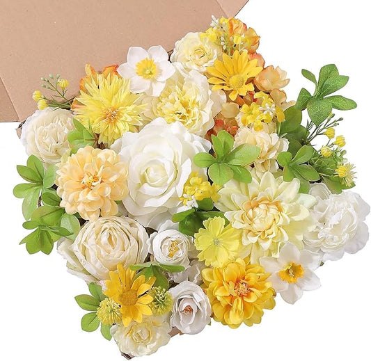 Artificial Flowers Combo Box Set White Yellow Roses Dahlia Fake Silk Flowers with Stems for DIY Wedding Bridal Bouquets,Floral Arrangement,Table Centerpieces,Baby Shower,Home Decorations