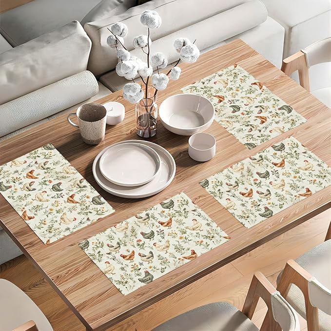 Farmhouse Rooster Placemats Set of 6, Rustic Chicken Place Mats, Country Flowers Dining Table Mats, Washable Placemats for Kitchen Dining Room Home Decor 18L'' × 12W''