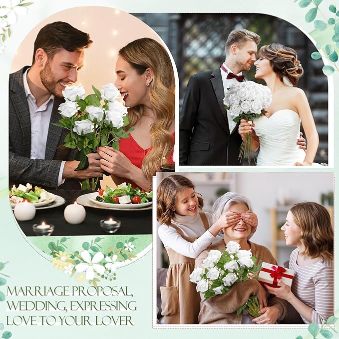 Hotop 20 Pcs Artificial Rose Flowers with Long Stem,Real Touch Silk Realistic Plastic Bouquet Roses Bulk for Home Decor Bridal Wedding Party Table Centerpieces Decorations(Pure White)