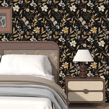 Black Floral Wallpaper Peel and Stick Gold Leaf Contact Paper 17.4" x 118" Boho Wallpaper Waterproof Self Adhesive Wall Covering for Bedroom Countertop Desk Cabinets Decor
