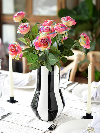 FiveSeasonStuff Rainbow Real Touch Silk Artificial Flowers ‘Petals Feel and Look Like Fresh Roses’ 9 Stems with Eucalyptus, Candle Holders and Jute Ribbon