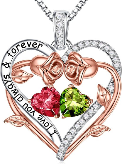Iefil Rose Heart Double Birthstone Necklace Gifts for Wife Her Mom Women, Birthstone Jewelry Gemstone Birthday Gifts for Girlfriend Grandma Her Wife Women