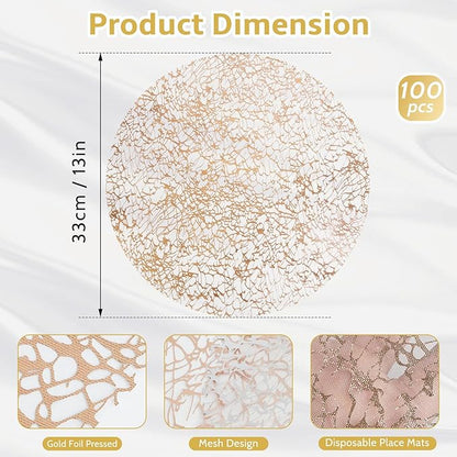 Hysenm 100 Pcs Disposable Champagne Placemats Set Metallic 13 Inch Round Table Doilies, Ultra-Thin Messy Lines Disposable Placement Mats for Home Decoration Dining Table Wedding Birthday Party