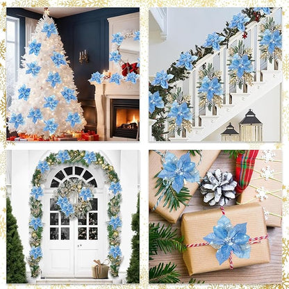 24 Pcs Christmas Poinsettia Flowers Artificial with Clips, 5.9" Christmas Decor Glitter Poinsettia Flowers for Christmas Tree New Year Wedding Party Wreath DIY Garland Decor (Blue)