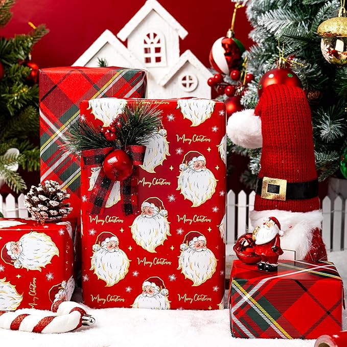 Yarcony Red Christmas Wrapping Paper Roll, Santa Wrapping Paper, Retro Classic Red Santa Claus, Stewart Tartan Plaid Christmas Gift Wrap Sheets for Winter Holiday, Festive Decor (17 Inch X 33 Feet)