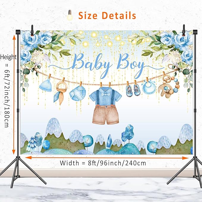 Blue Floral Baby Shower Backdrop Banner Decorations for Boy,Oh Baby Boy Outfit Backdrops Banner Watercolor Flower Photography Background for Baby Shower Party Supplies Photo Booth Props 8x6ft