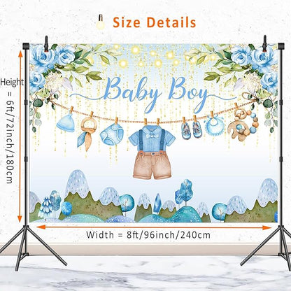 Blue Floral Baby Shower Backdrop Banner Decorations for Boy,Oh Baby Boy Outfit Backdrops Banner Watercolor Flower Photography Background for Baby Shower Party Supplies Photo Booth Props 8x6ft
