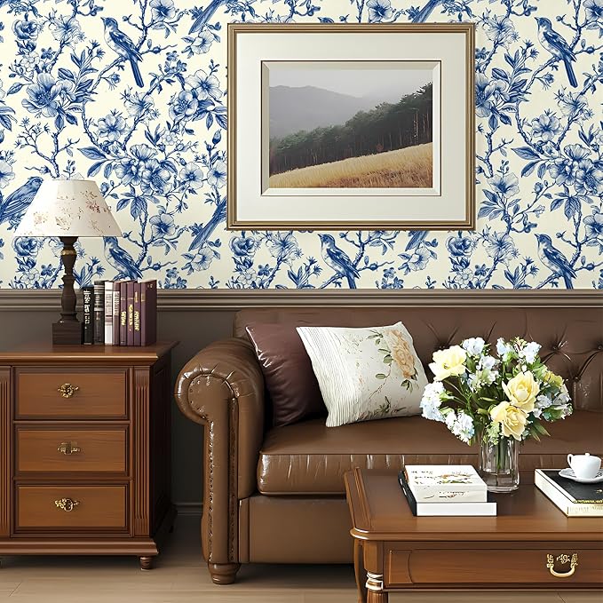 Floral Peel and Stick Vintage Animal Wallpaper Blue Bird Removable Botanical Leaf 17.7" x 118.11" Wall Paper Watercolor Self Adhesive Contact Paper for Classroom Bedroom Laundry Room Bathroom