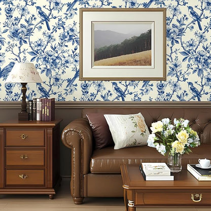 Floral Peel and Stick Vintage Animal Wallpaper Blue Bird Removable Botanical Leaf 17.7" x 118.11" Wall Paper Watercolor Self Adhesive Contact Paper for Classroom Bedroom Laundry Room Bathroom