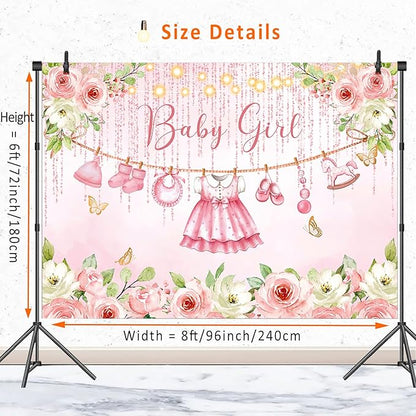 Pink Floral Baby Girl Baby Shower Backdrop Decorations,Cute Clothes Its a Girl Banner Back Drops Rose Gold Flower Photography Background for Baby Shower Party Supplies Photo Booth Props 8x6ft