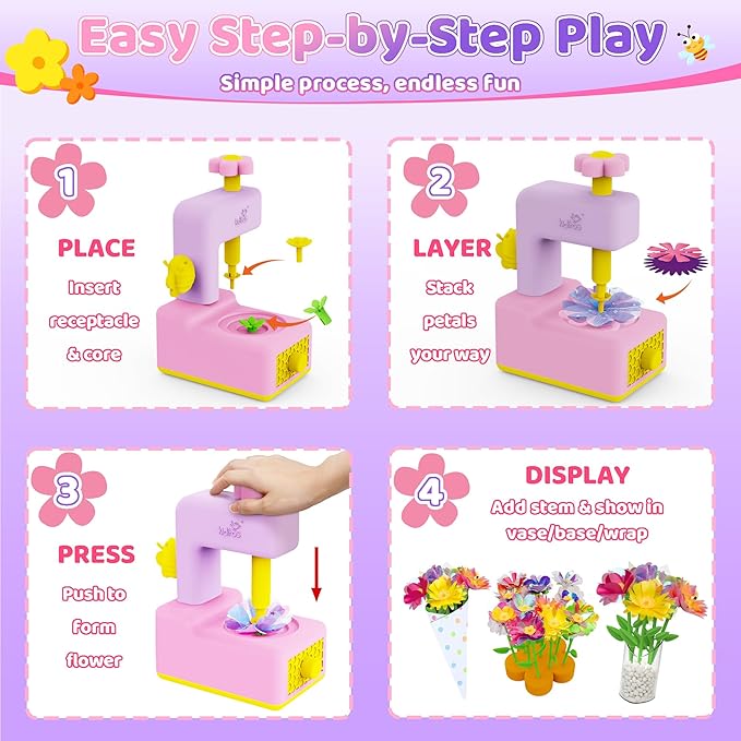 Kiditos DIY Flower Maker Toy Kit – Fabric Flower Bouquet Machine with Accessories, Creative Arts & Crafts Activity Set – Birthday Present, Party Favor & Christmas 2025 Holiday Gift for Kids Ages 3+