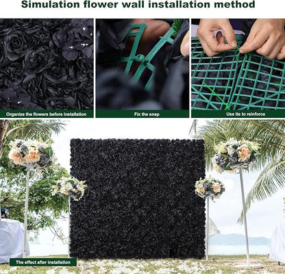 Artificial Flower Wall Panels - 12-Piece Set of 15x15 Inch Black Silk Roses Floral Backdrop Ideal for Wedding Celebrations, Festive Party Background and Elegant Home Decor