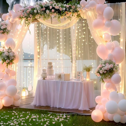 10ft x 10ft Ivory Tulle Photo Backdrop Curtain with Lights String for Parties Wedding Sheer Ivory Curtain Backdrop for Birthday Party Bridal Shower Photo Booth Photography Background Decorations