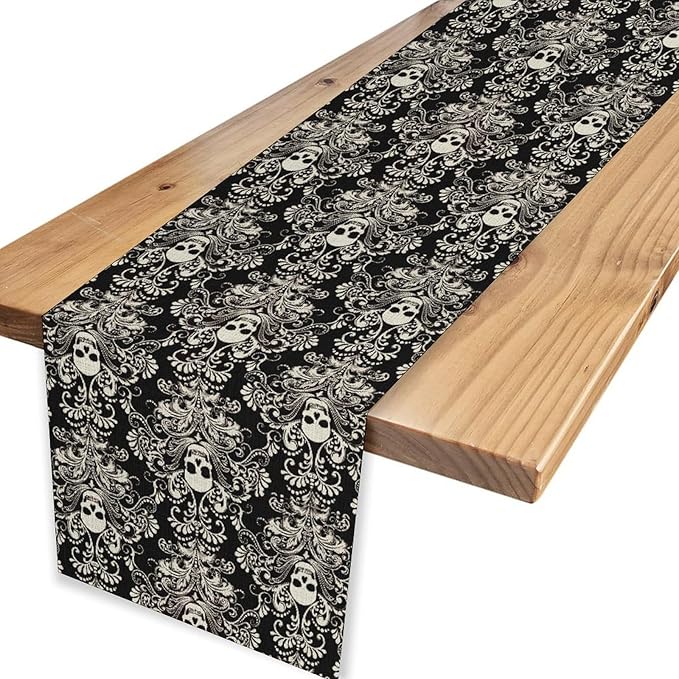 Gothic Table Runner, Black Damask Skull Boho Vintage Art Print Linen Table Center Decor Family Kitchen Outdoor Farmhouse Holiday Party Table Decorations 13x90 inch