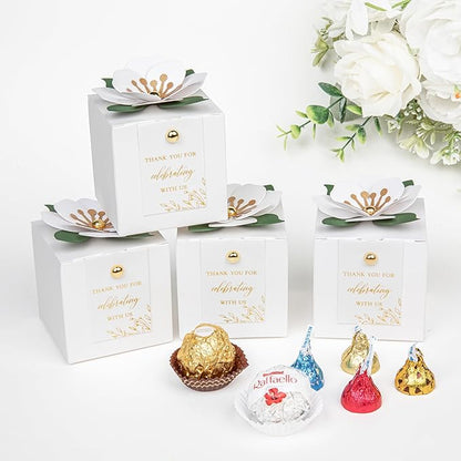 FEIYI 20 PCS Favor Boxes, 3 In 1 White Candy Boxes with Floral Decor, White Thank You Tags Gold Foil Print Gift wrapping for Wedding, Baby Shower, Birthday, Decorations Party - 2.55x2.55x2.55