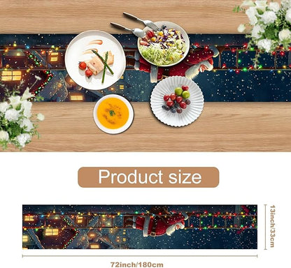 Christmas Table Runner– Festive Santa Claus Climbing Ladder Design with Holiday Lights & Snowy Village, Winter Table Decoration for Dining Table, Kitchen, Party & Home Décor