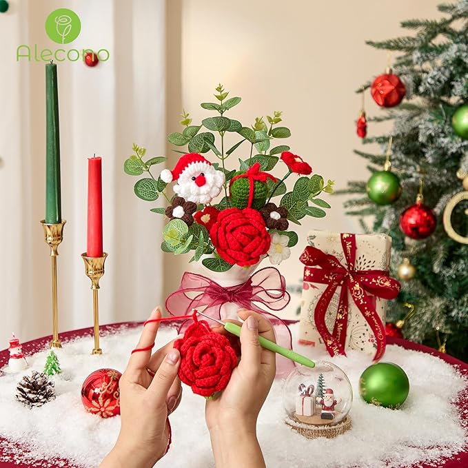 Alecono Crochet Flower Bouquet, Christmas Knitted Flowers, Red Handmade Father Christmas Santa Claus Bouquet of Flowers for Kids Festival Gifts (Include Card)