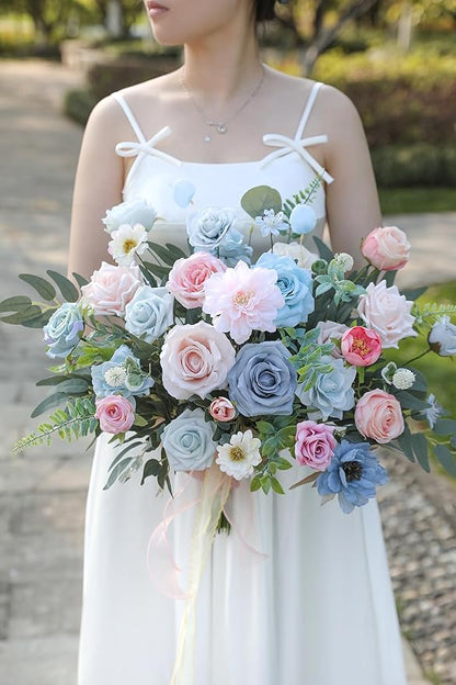 Artificial Flowers Roses Fake Flowers with Stems Blue Pink Artificial Flowers for DIY Bridal Bouquets Faux Flowers Centerpieces for Table Home Decor