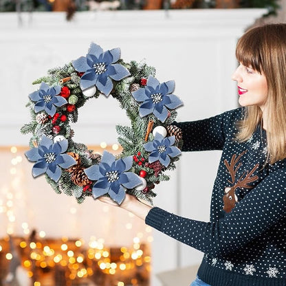 WILLBOND 24 Pcs 3 Size Poinsettia Flower Artificial Christmas Decor Glitter Poinsettia Christmas Ornaments Faux Flowers for Xmas Tree Outdoor(3.2/4/6 Inches,Gray Blue)