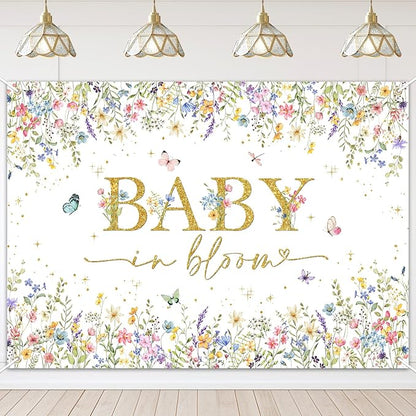 Avezano Baby in Bloom Backdrop Wildflower Baby Shower Party Decorations Watercolor Floral Baby in Bloom Banner Gold Glitter Butterfly Photography Background Cake Table Banner (7x5ft)