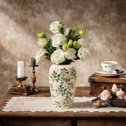 Vintage Green and Beige Flower Vase,Retro Chinoiserie Vase,Farmhouse Antique Decorative Ceramic Vases for Home Decor,Bookshelf, Dining Table, Coffee Table,Mantel,Grand Millennial Decor (H8.7 Inch)
