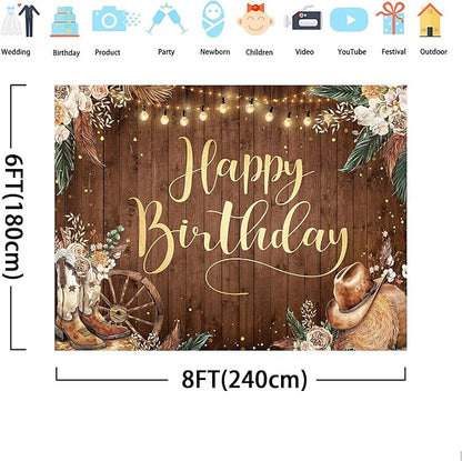 SVBright Western Cowgirl Birthday Backdrop 8Wx6H Farmhouse Pampas Grass Country Rustic Wild West Wooden Boho Flower Retro Boots Hat Decorations Photography Background Banner Photo Booth Studio