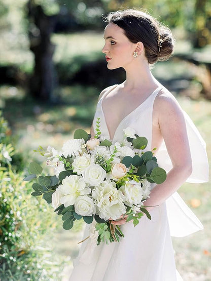 Rinlong 16.5 Inch Wedding Bouquets for Bride White Sage Green Bridal Bouquet for Wedding Silk Real Touch Artificial Flowers