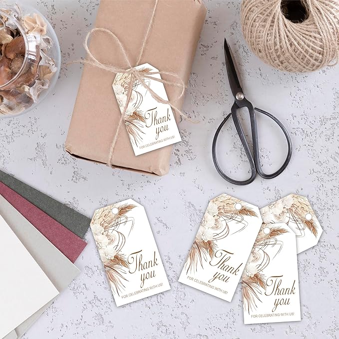 Thank You for Celebrating with Us Tag, 50 Pcs Boho Thank You Paper Lables, 2x3 Inch Gift Tags with String for Wedding Birthday Baby Shower Bridal Shower, Party Decoration-A05