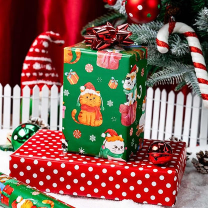 MAYPLUSS Christmas Wrapping Paper Roll - 17 Inch X 33 Feet - Green Cute Cat Christmas Hat Reversible Polka Dot Gift Wrapping Paper, Thick Wrap Paper for Holiday Party New Year Kids