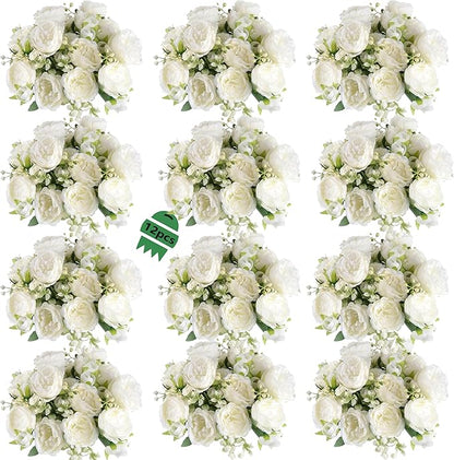 12 Bundles Peonies Artificial White Flowers Bouquet, Lifelike Silk Fake Peonies with Stems for Home Table Centerpieces, Wedding, Party & DIY Bridal Floral Arrangements (White)